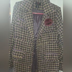 True Meaning Tweed Long Coat with Pom Detail - Olive, Purple, Black